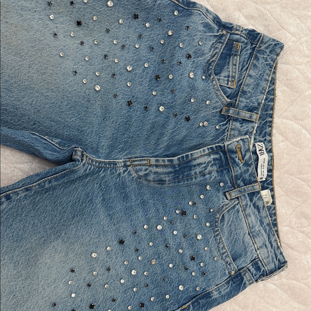 Zara Blue Wide Leg Jeans with Stud Detailing - Picture 5 of 5